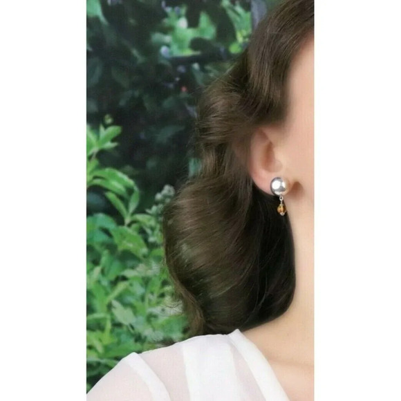 Sterling Silver Button Earrings with Yellow Glass Bead Dangle Drop Earrings - Picture 3 of 7